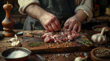 Hands of a man cooking meat with spices on a wooden boardの素材