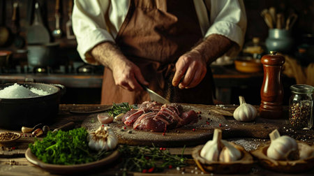 Male chef in apron cutting meat with knife on wooden table in kitchenの素材