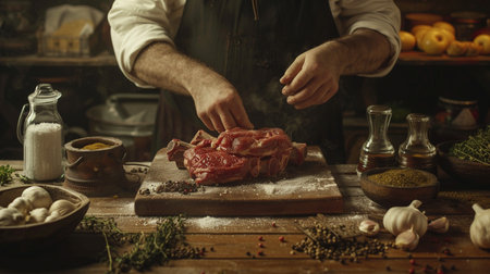 Chef preparing meat with spices and herbs on wooden table in kitchenの素材