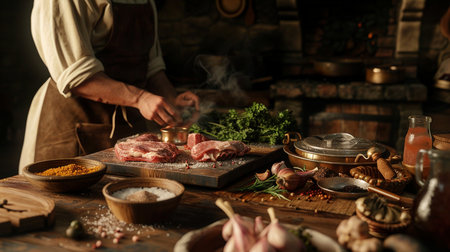 Chef cooking meat on wooden kitchen table with ingredients. Rustic style.の素材