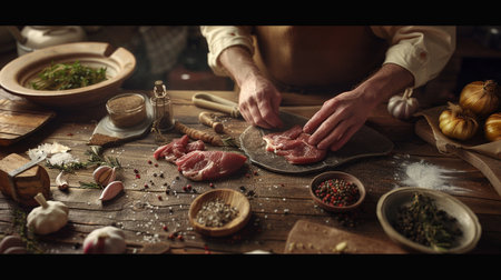 Man cooking meat on a wooden table with spices and vegetables in the kitchenの素材