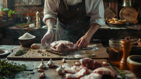 Hands of a butcher in apron preparing meat for cooking.の素材