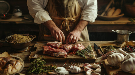 Man cooking meat on a wooden cutting board in a rustic kitchenの素材