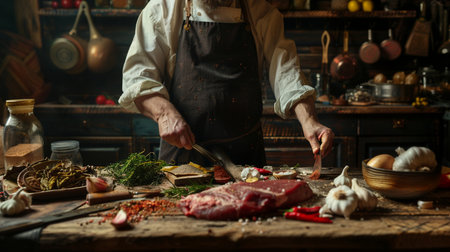Hands of a man in apron cutting meat on wooden tableの素材