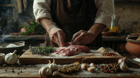 Chef preparing meat with spices and herbs in kitchen, closeupの素材