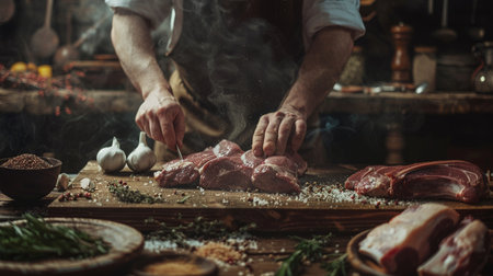 Male chef cooking meat on a wooden kitchen table, close-upの素材