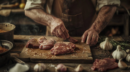 Close-up of a man's hands cooking meat on a wooden cutting boardの素材