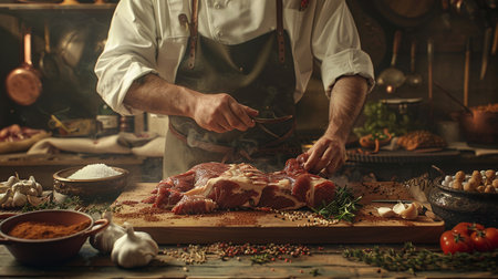 Chef cooking meat on a wooden table with vegetables and spices.の素材