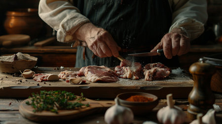 Hands of a man kneading meat on a wooden tableの素材