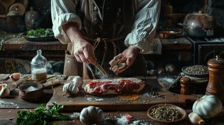 Steak in the hands of a man in a medieval costume.の素材