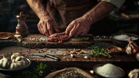 Male hands kneading meat on wooden board with spices and herbsの素材
