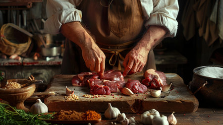 Male hands cutting raw meat on a wooden board with spices and herbsの素材