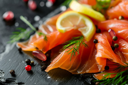 Salmon Slices with Lemon and Dill on Black Stone Backgroundの素材