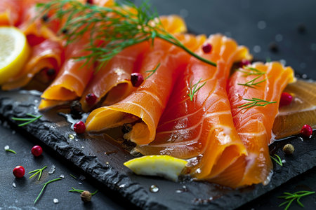 Slices of smoked salmon on a black slate plate with lemon and rosemaryの素材