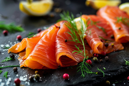 Slices of smoked salmon with lemon and herbs on a black backgroundの素材