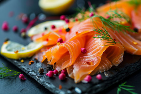 Slices of smoked salmon on a black stone plate. Selective focus.の素材