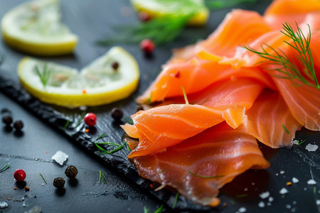 Slices of smoked salmon with lemon and herbs on black backgroundの素材