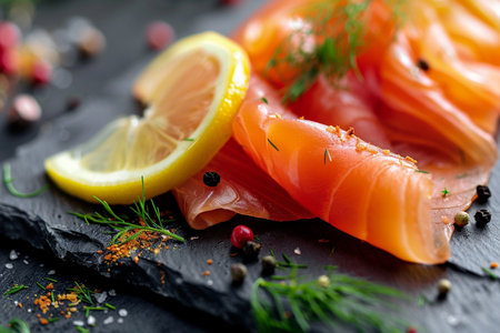 Slices of smoked salmon with lemon and spices on black backgroundの素材