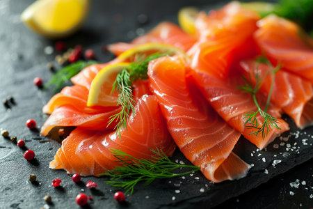 Salmon Slices with Lemon and Dill on Black Stone Backgroundの素材