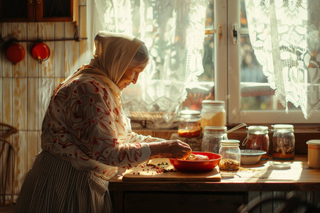 Elderly woman cooking in the kitchen. The concept of a healthy lifestyle.の素材