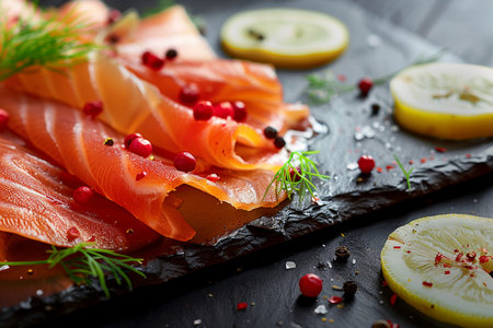 Slices of smoked salmon with lemon and rosemary on black backgroundの素材