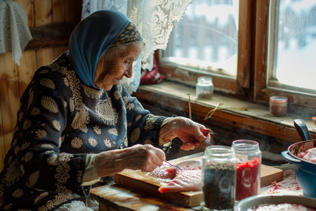 Elderly woman cooking cookies in a rustic wooden house.の素材
