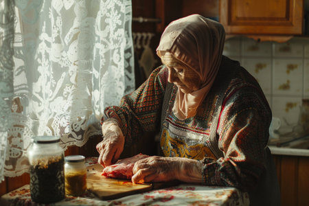 Elderly woman cooking in her kitchen at home. Authentic lifestyle image.の素材