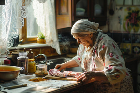 Elderly woman cooking in the kitchen. The concept of a healthy lifestyle.の素材