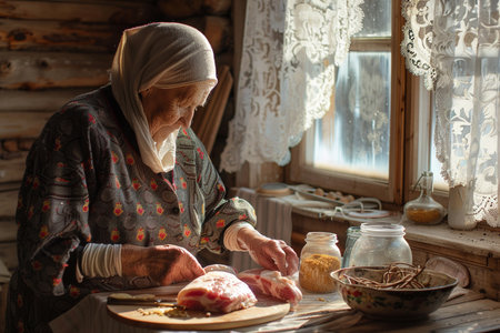 Elderly woman cooking meat in a rustic style. Selective focus.の素材