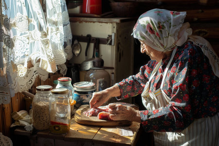 Elderly woman kneading the dough with a knife.の素材