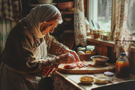 Elderly woman cooking meat in a rustic kitchen at homeの素材