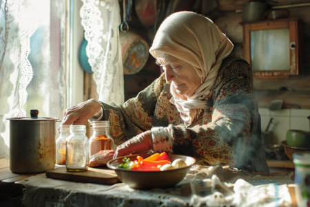 Portrait of an old woman preparing food in the kitchen at homeの素材
