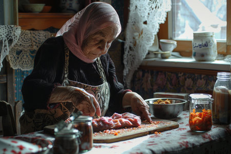Elderly woman in a headscarf cuts meat with a knifeの素材