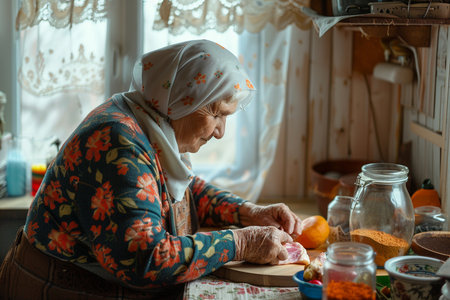 An elderly woman is kneading the dough in the kitchen.の素材