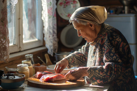 Elderly woman cooking meat at the table in the kitchen.の素材