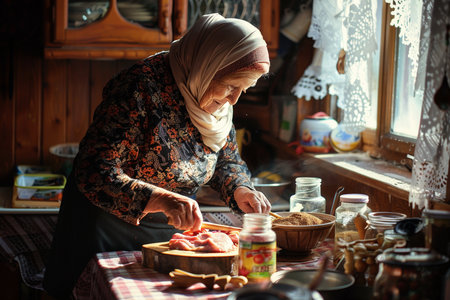 Senior woman preparing meat in the kitchen of her old houseの素材