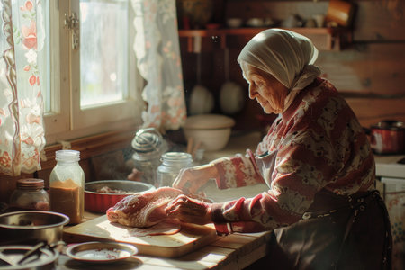 Elderly woman kneading dough in the kitchen at homeの素材