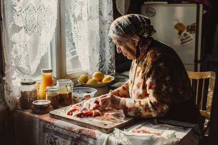 Elderly woman sitting at the table in the kitchen and cutting meatの素材