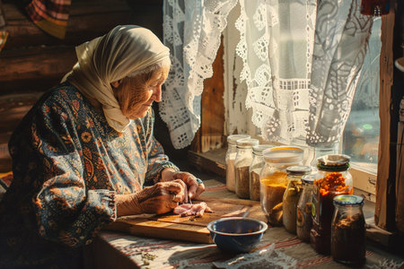 Elderly woman in traditional clothes at the table in the villageの素材