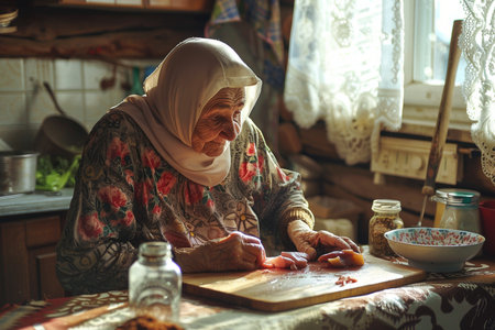 Elderly woman kneading the dough in the kitchen.の素材