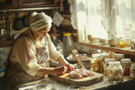 Elderly woman cutting meat in the kitchen. Selective focus.の素材