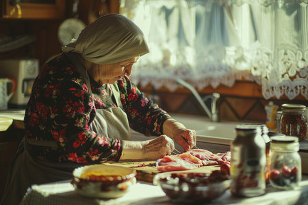 Elderly woman cooking meat in the kitchen at home. Portrait of an elderly woman.の素材