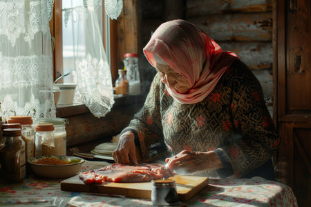 Portrait of an elderly woman cutting meat in the kitchen at homeの素材