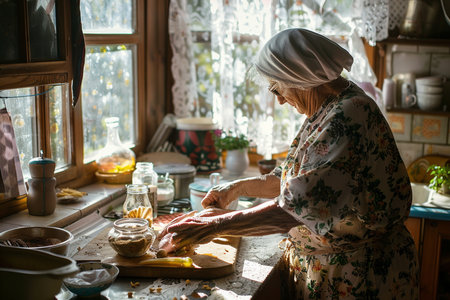 Elderly woman kneading dough in the kitchen at homeの素材