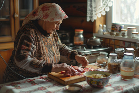 Elderly woman cooking meat in the kitchen. The concept of a healthy lifestyle.の素材