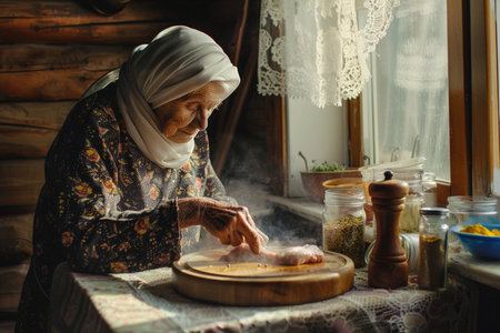 Elderly woman cooking in the kitchen. Selective focus.の素材