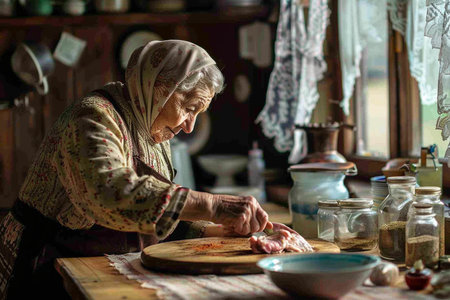 Elderly woman kneading the dough in her kitchen.の素材