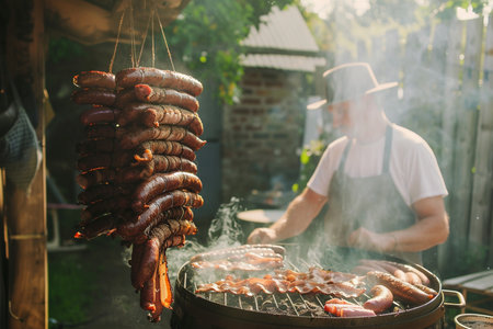 Smoked sausages on a barbecue grill in the summer.の素材