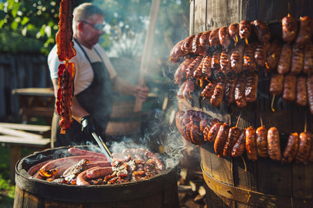 Grilled sausages on barbecue grill. Street food concept.の素材