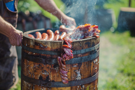 Close-up of a man preparing sausages on a barbecueの素材